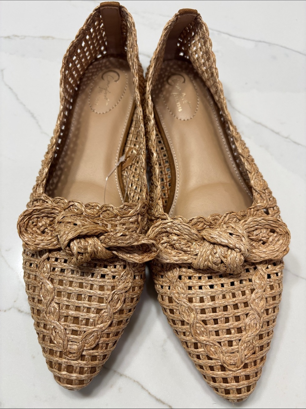 Braided Pointed-Toe Woven Flats in Tan